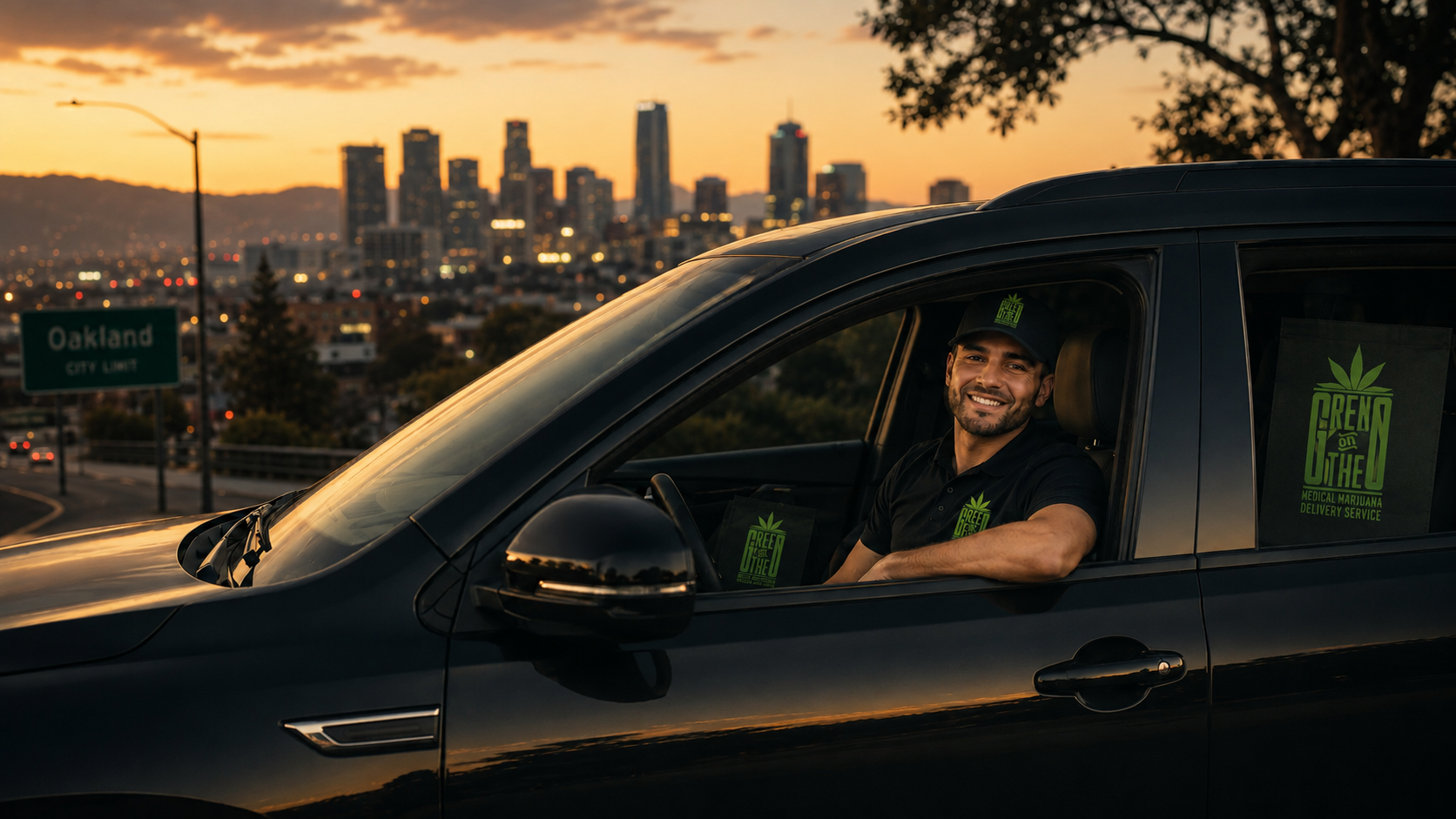 Smiling Green On The Go delivery driver in a branded dark green cap and polo shirt handing a branded green cannabis delivery bag through a car window in Oakland, California