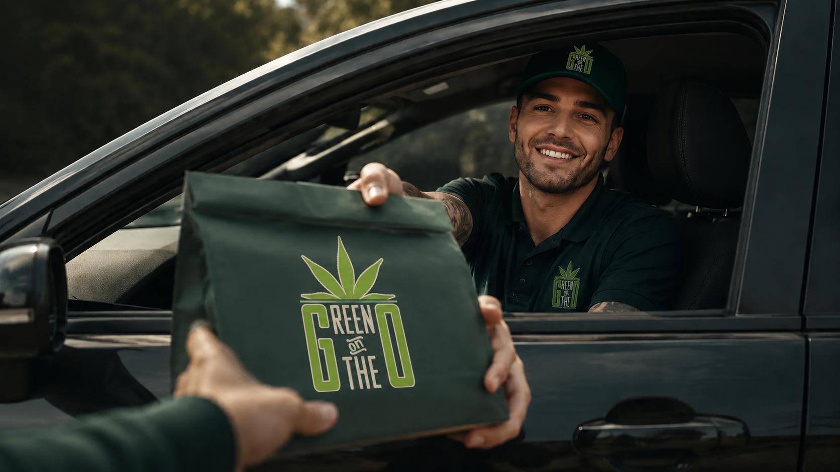 Green On The Go driver handing off a delivery order in Alameda County